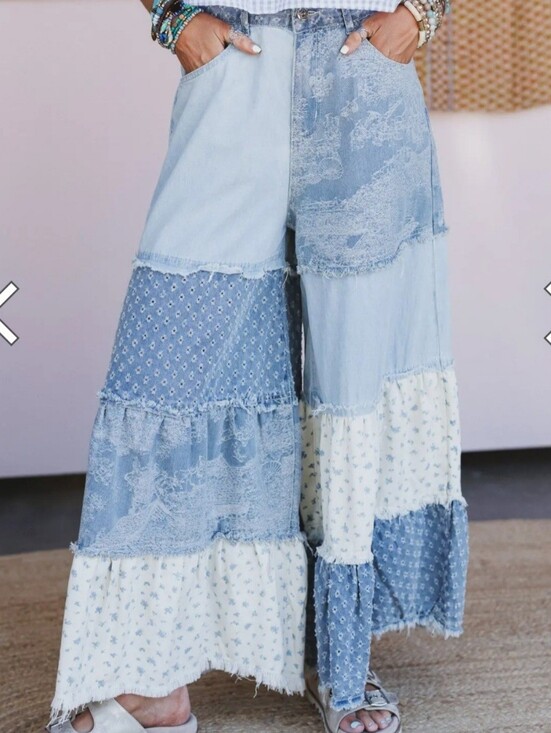 POL Pants - Boho Patchwork Wide-Leg Jeans in Light Blue